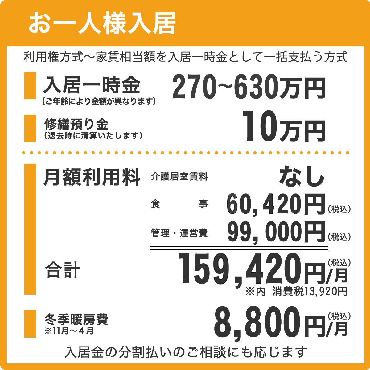 介護施設ケアメゾン山鼻お一人様入居費用利用料画像イメージ